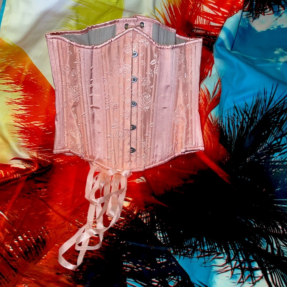 Pink silk Underbust Corset by Hearts Delight Clothiers, Ventura California. New